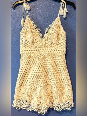 Lace Crochet V-Neck Romper in Cream